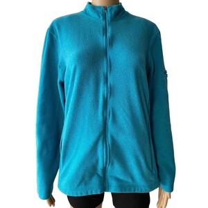 LL Bean Womens 2X Full Zip Fleece Jacket Teal Blue Mock Neck Arm Pocket 251257
